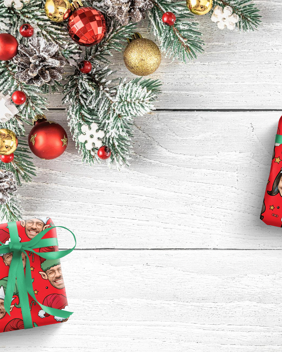 A holiday scene featuring a festive christmas tree and decorations, with two christmas gifts wrapped in custom gift paper by BestGifter.me in red color and green ribbons. The gift wrap design is customized with a photo face cutout with a collection of fun holiday hat illustrations.
