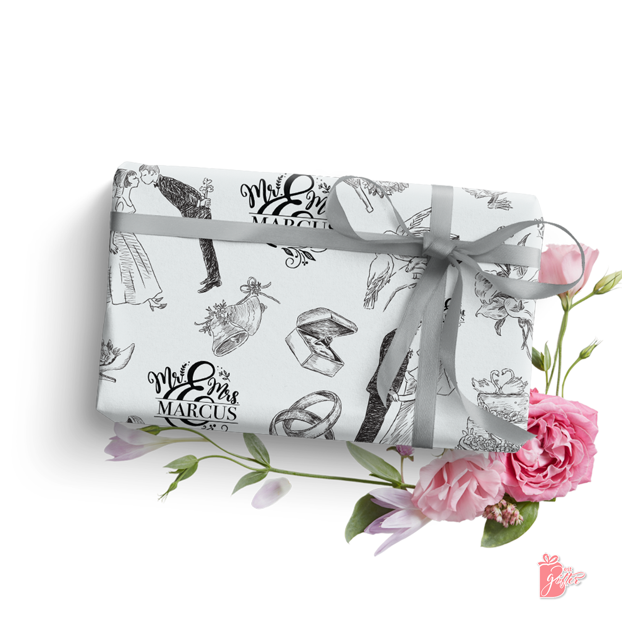 Personalize this adorable wedding gift wrap with the happy couple's new last name, surrounded by beautiful illustrations of t