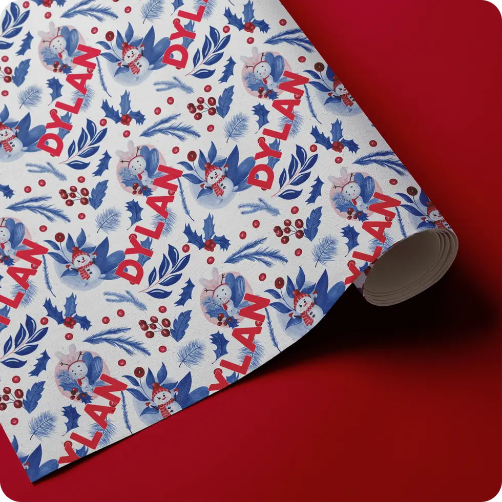 blue foliage christmas gift wrap with name