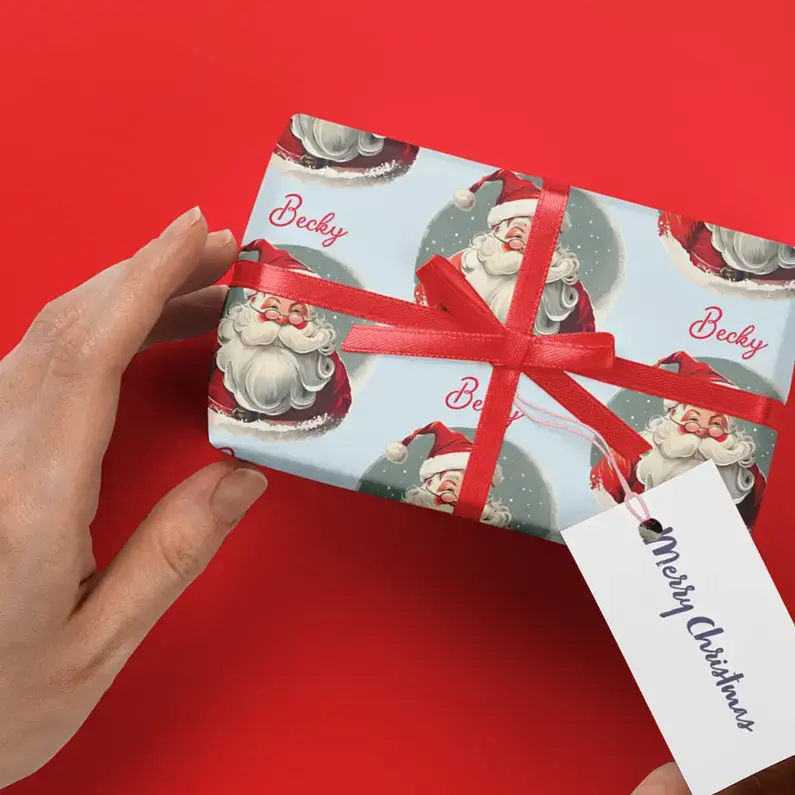 retro santa face holiday gift wrap custom