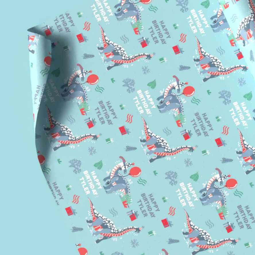 custom name dino party gift wrap