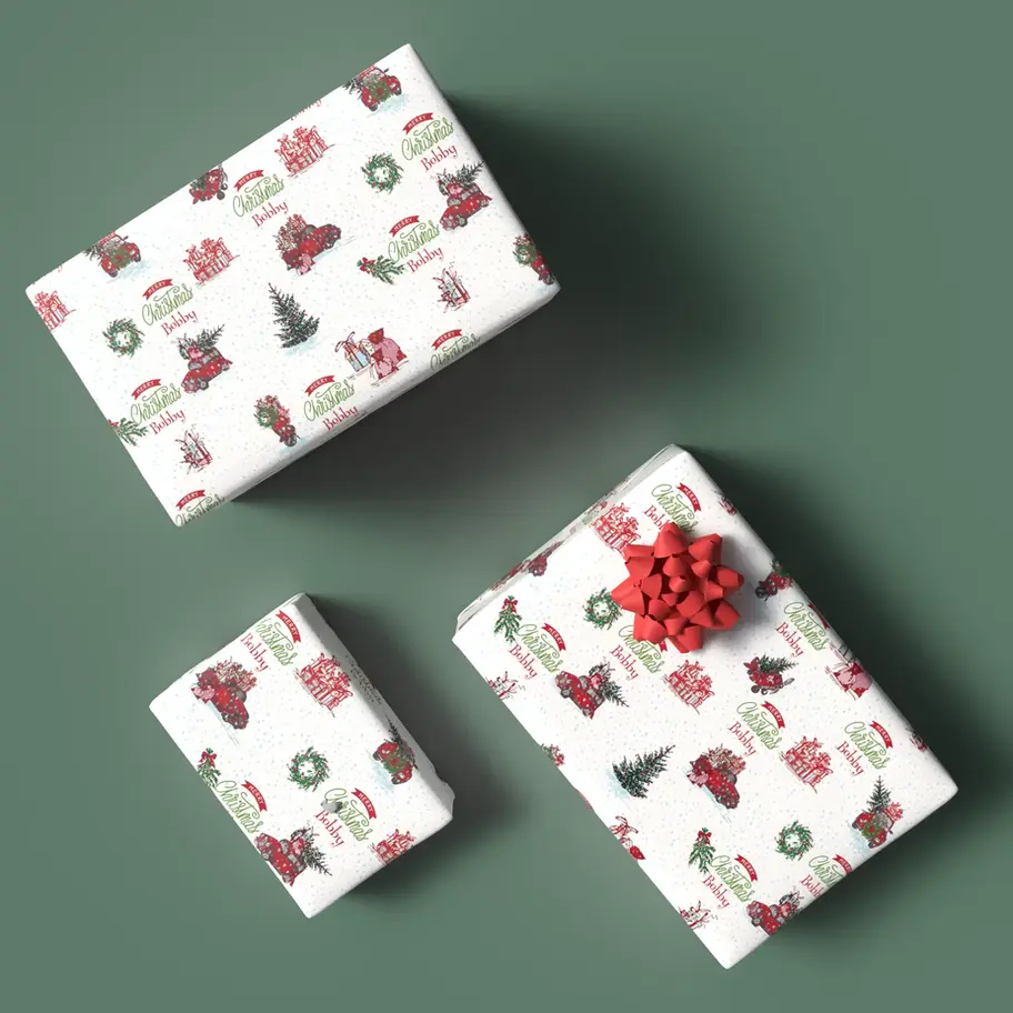 snowy blue holiday wrapping paper personalized