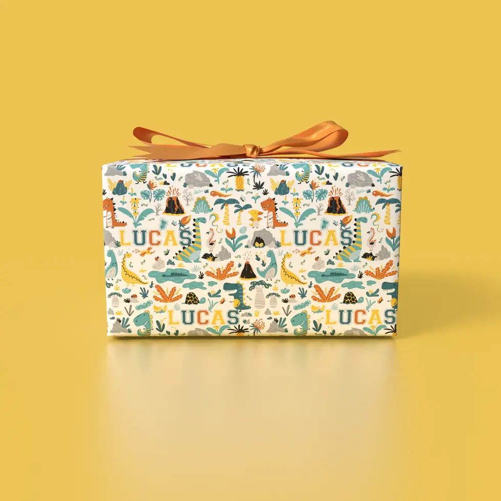 personalized prehistoric party wrapping paper for kids