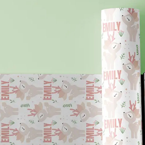 pink and green reindeer holiday wrapping paper