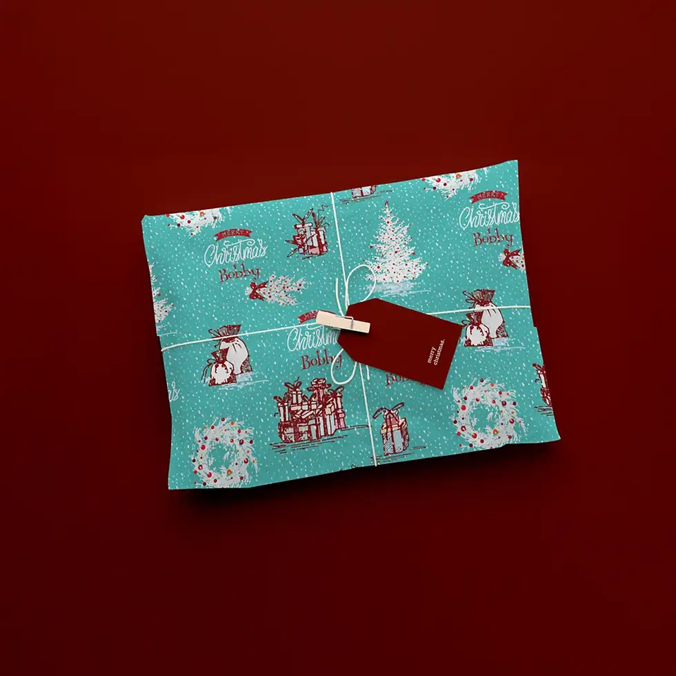 teal holiday gift wrap with name