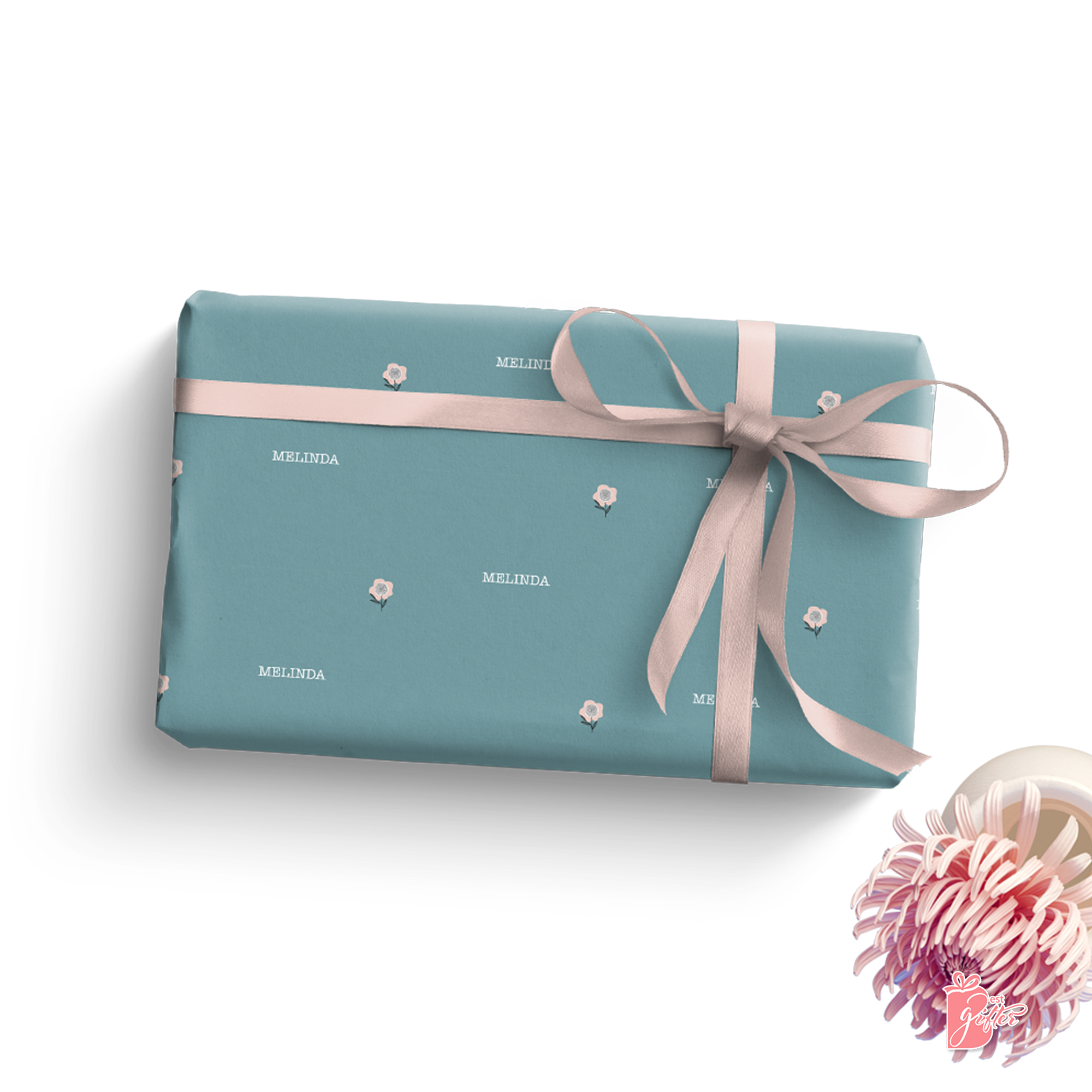 Retro Petals Gift Wrap collection featuring minimalist Gift Wrap design in a tri-color palette of desaturated cyan, dust stor