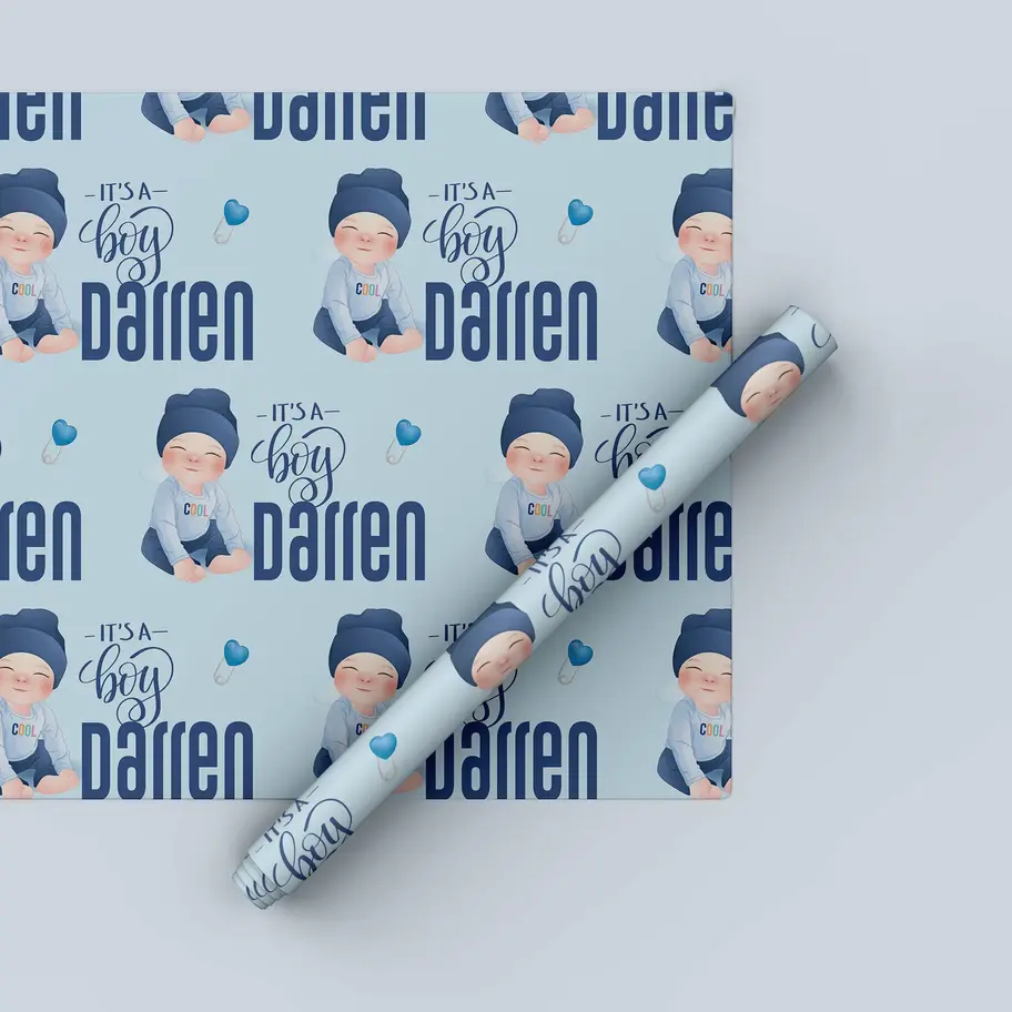blue baby shower wrapping paper with name