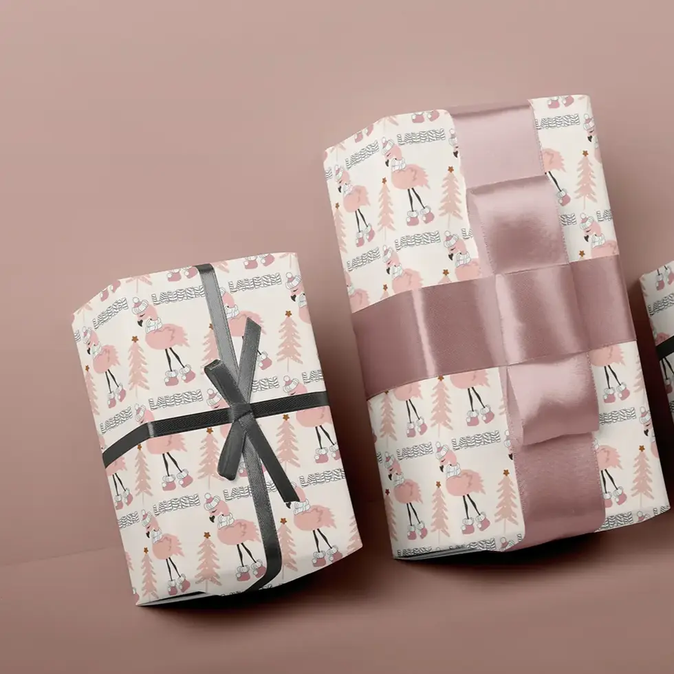 pink flamingo holiday gift wrap with name