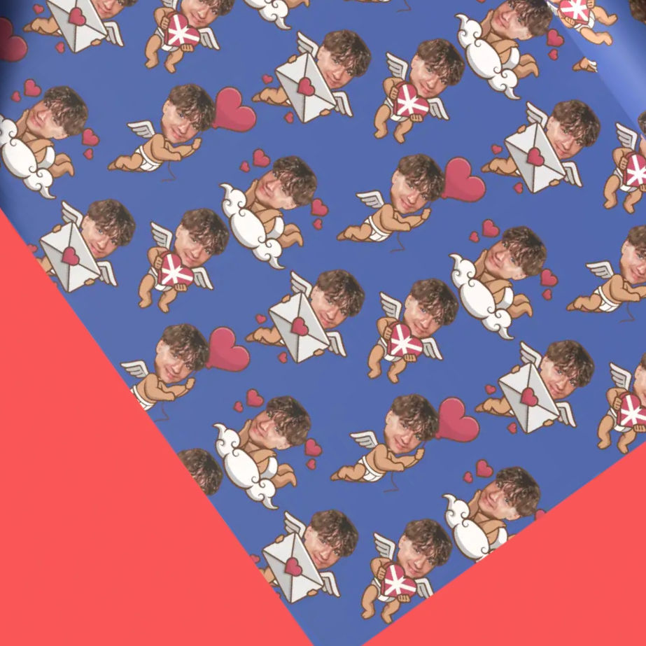 custom photo cupid Valentine’s Day gift wrap blue