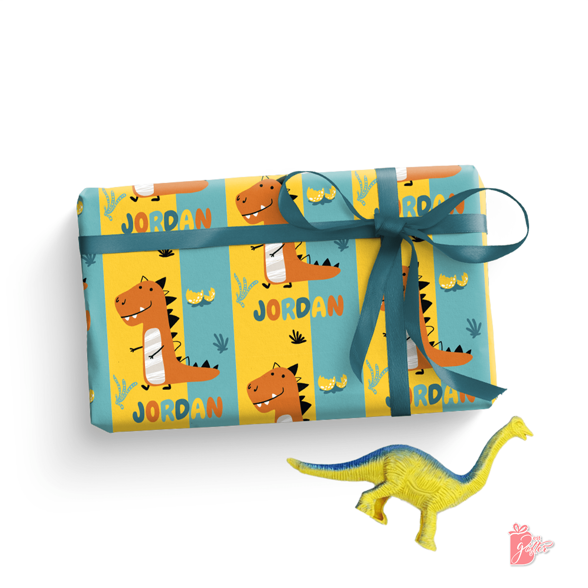 Customizable Chubby Dinosaur Gift Wrap - Playful Orange Dinosaur with Grey Belly and Black Spikes