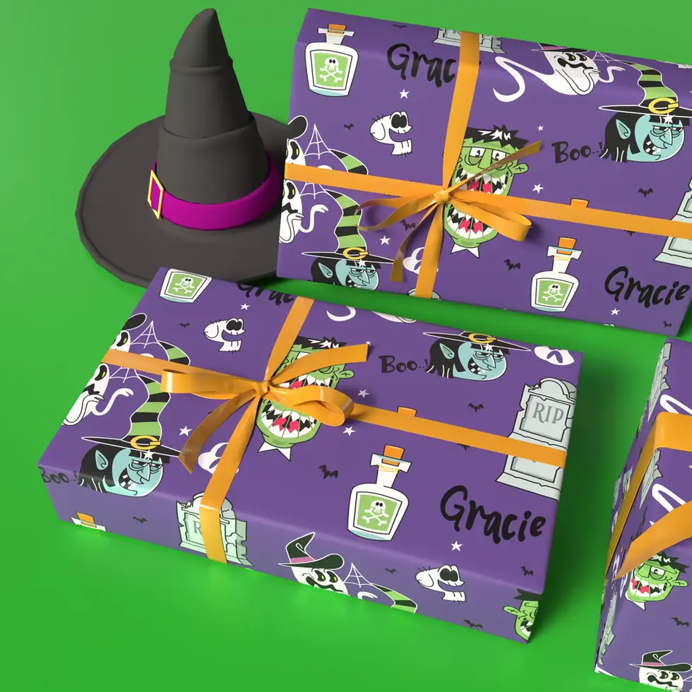 spooky purple birthday gift wrap with name