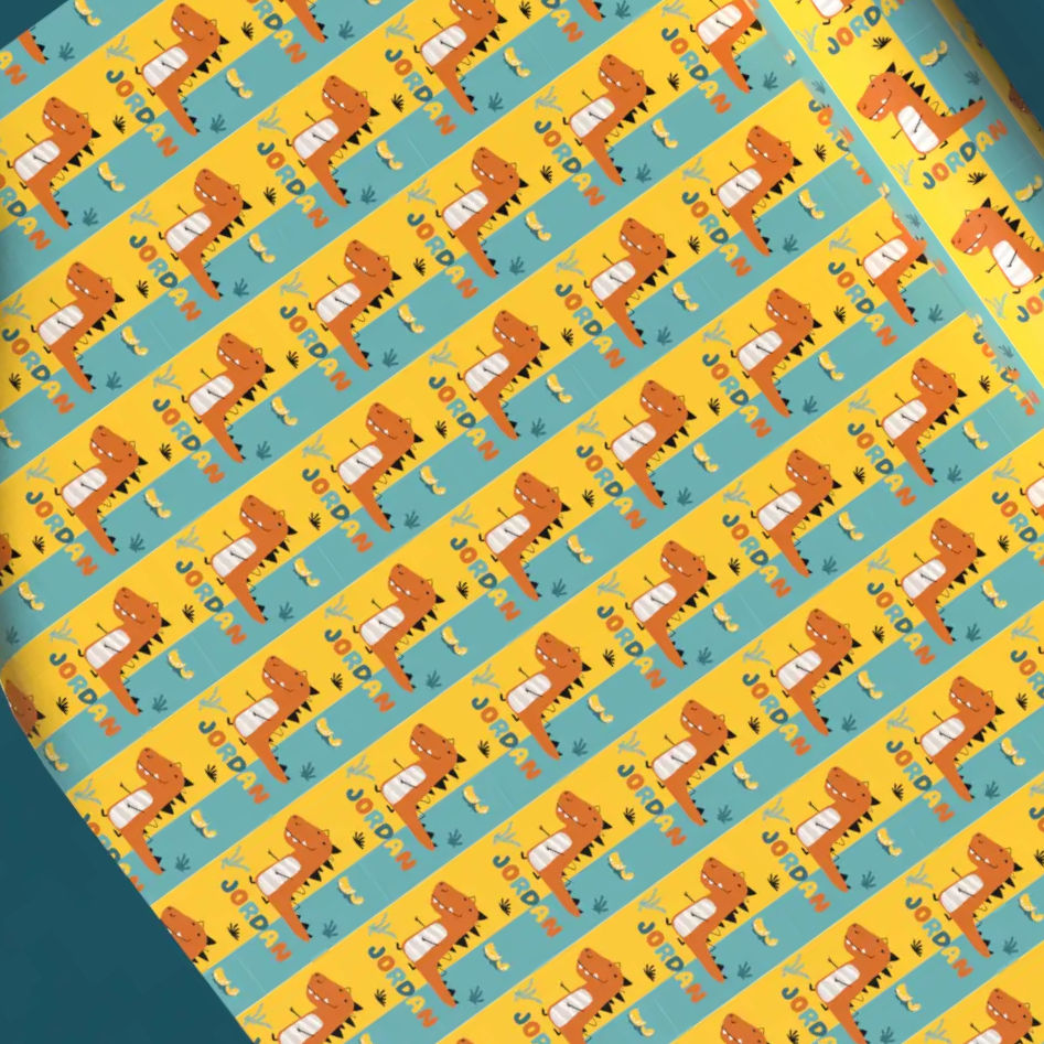personalized dino stripe wrapping paper for kids