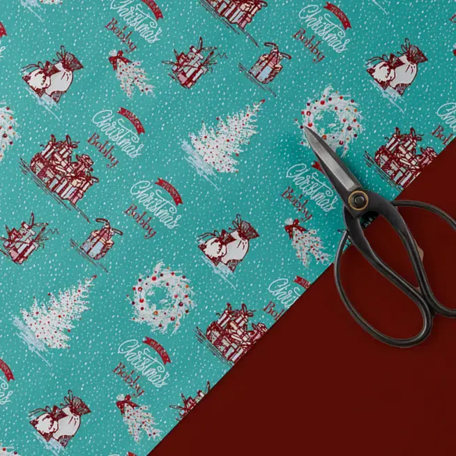christmas tree and wreath gift wrap with name
