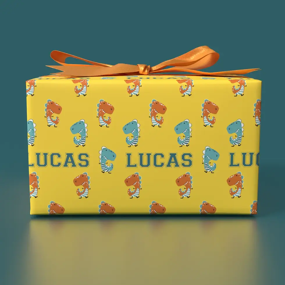 dino-mite day personalized wrapping paper yellow