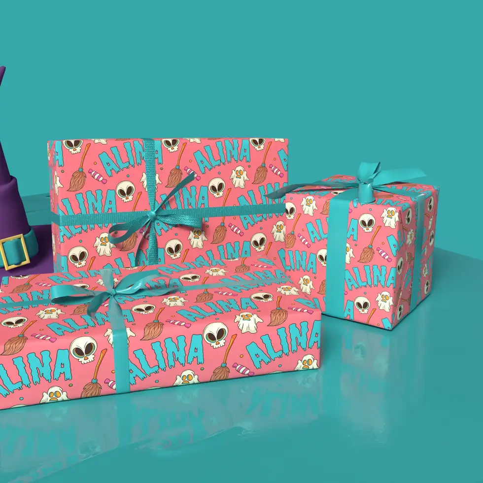 teal and pink halloween gift wrap