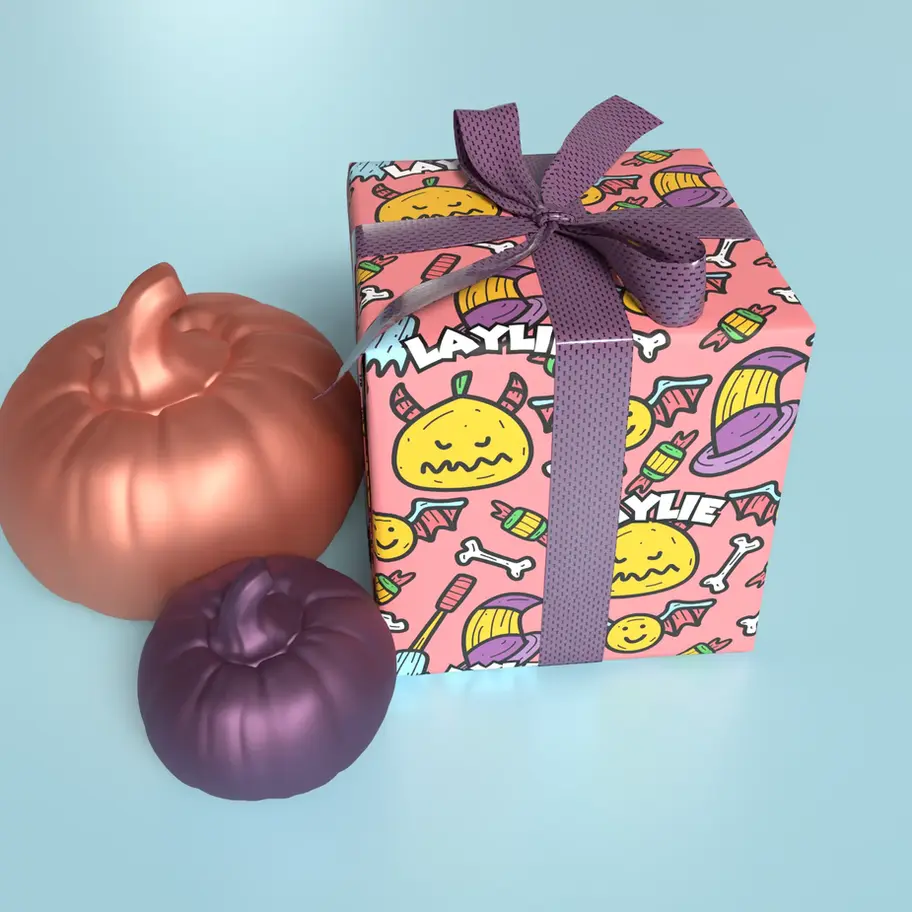 pink halloween pumpkins and bats gift wrap