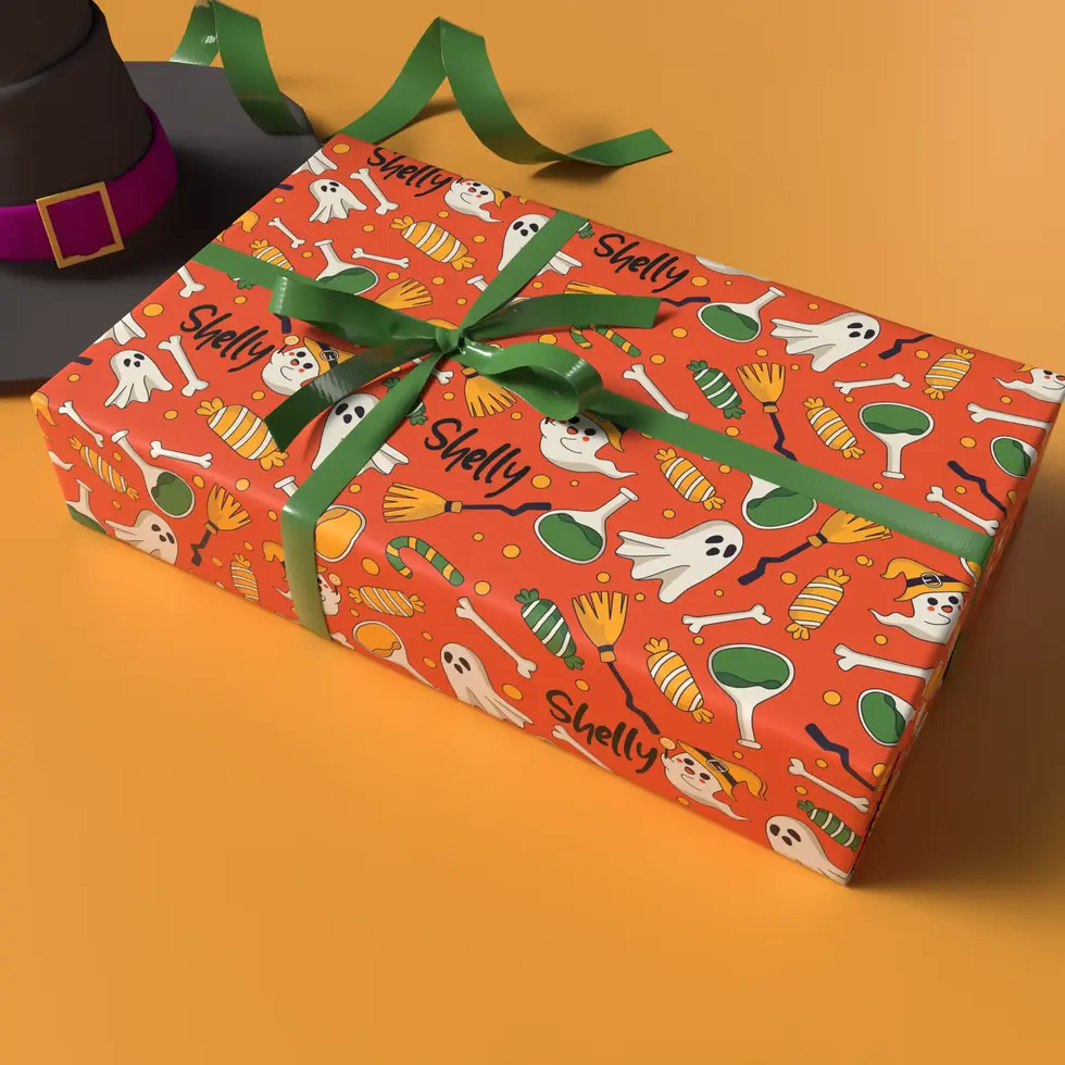 kids halloween wrapping paper with name