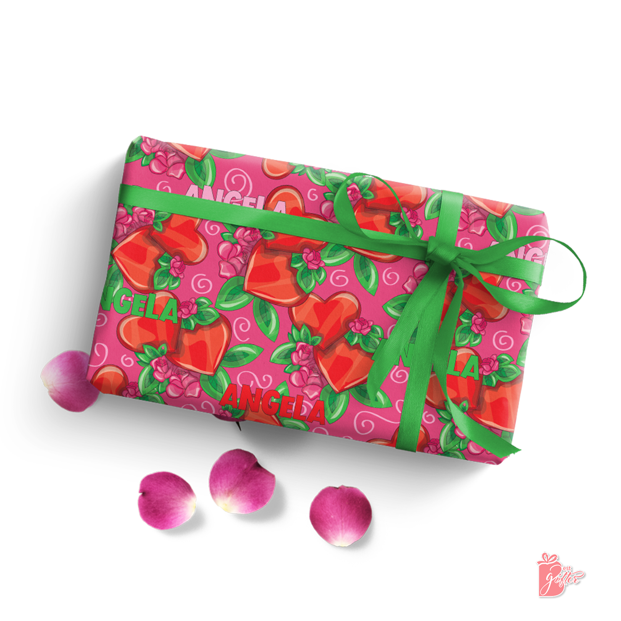 Adorable gift. Wrapping paper featuring two hearts intertwined as one, surrounded by lush rose bushes in full bloom, is the