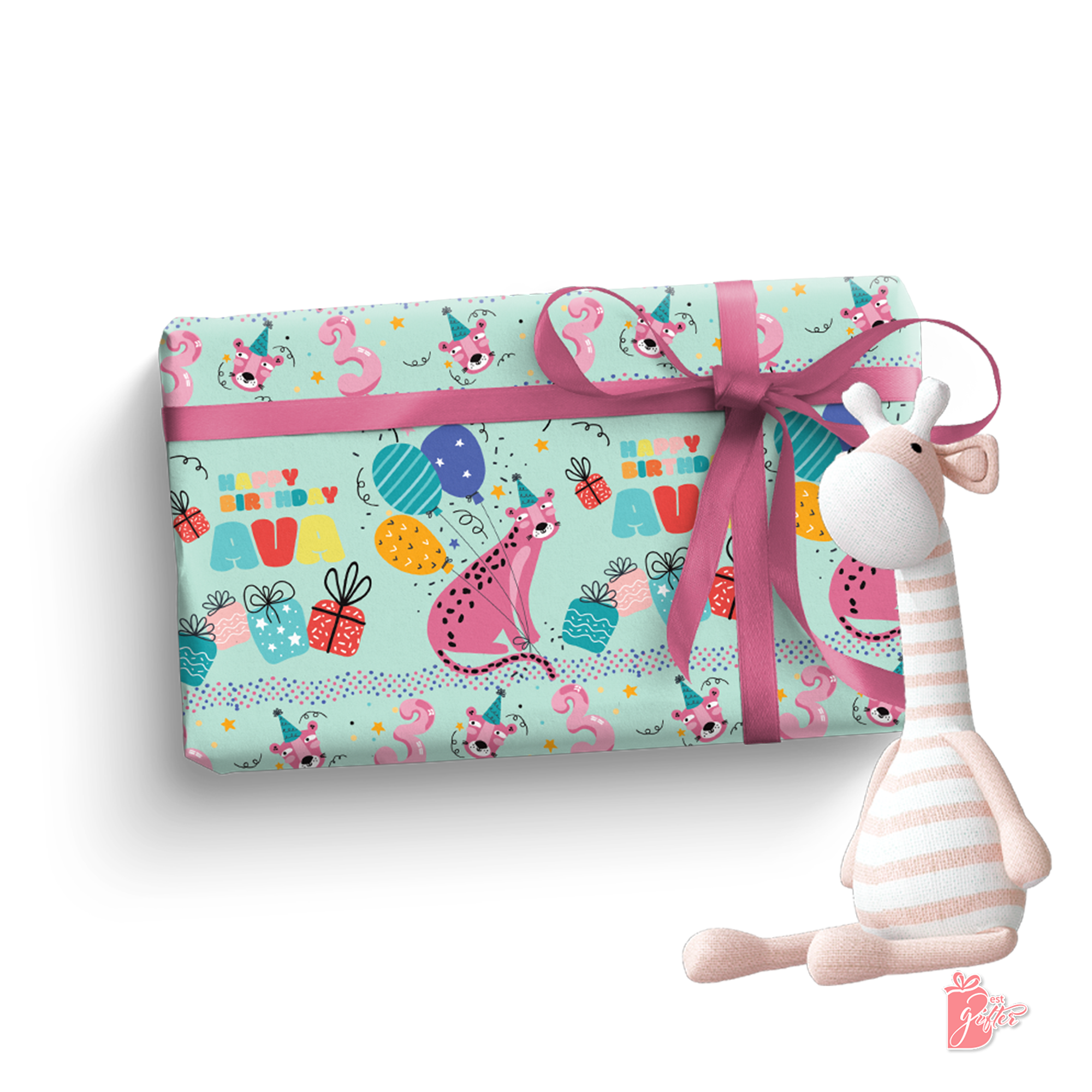 Add a personal touch to this fun jungle-themed gift-wrapping paper with the birthday boy/girl's name and age.