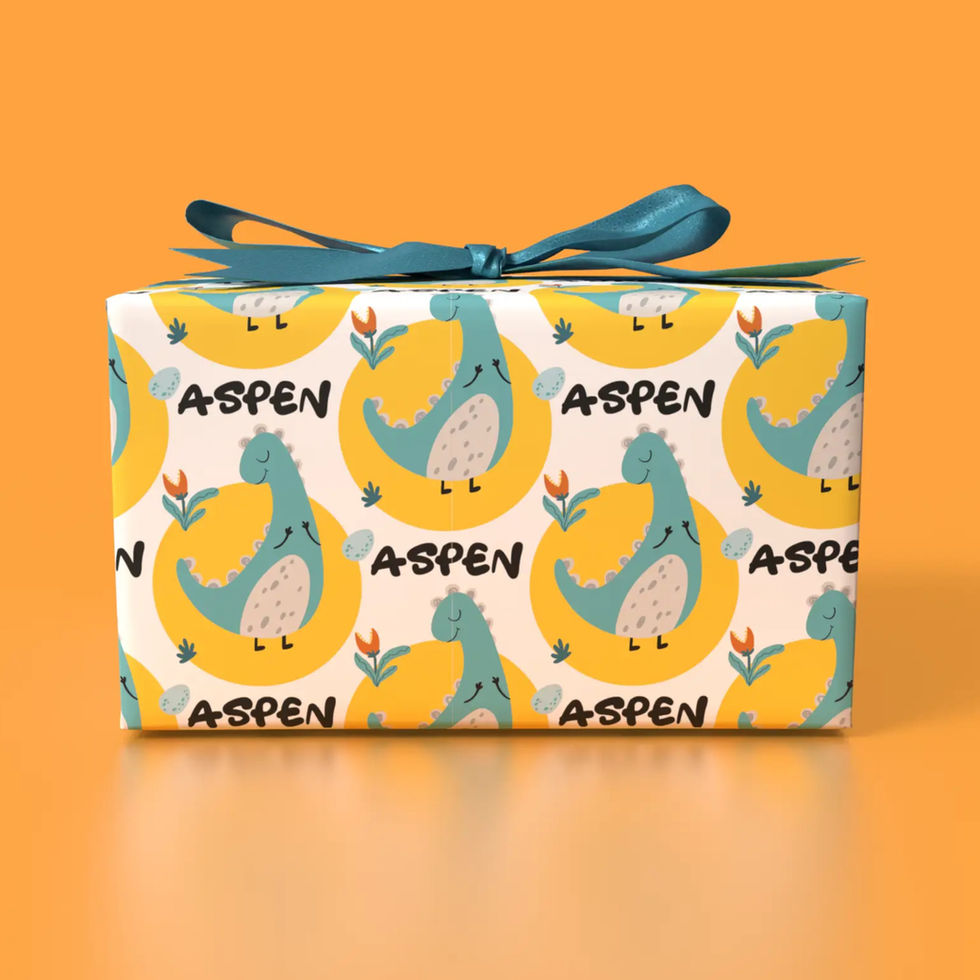 yellow circle dino party wrapping paper