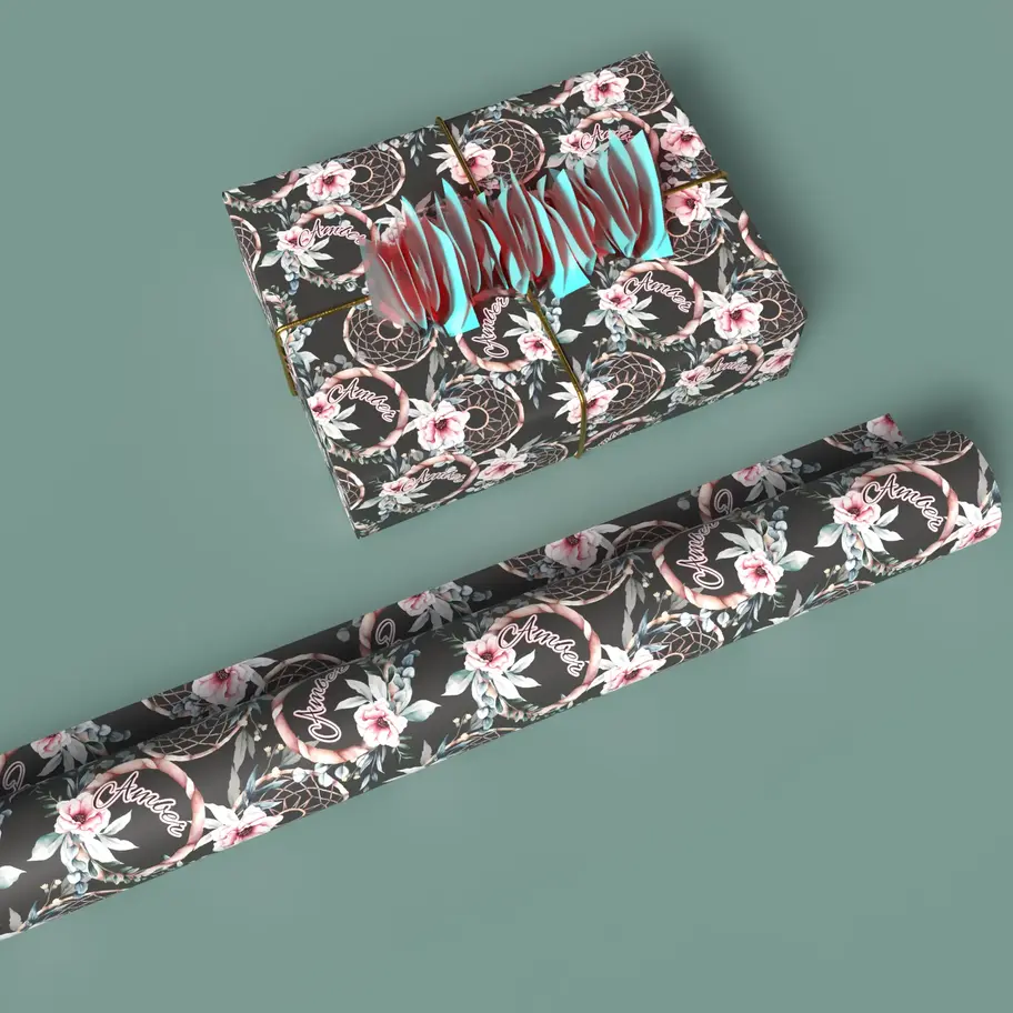 pink and green floral personalized wrapping paper