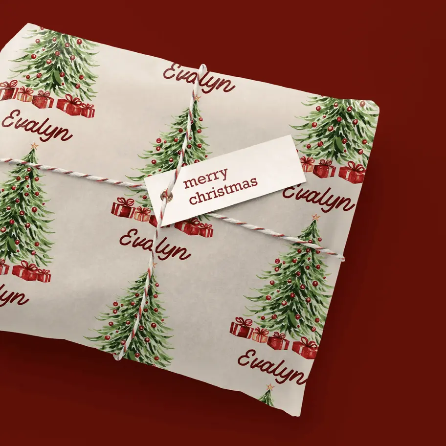 ivory christmas paper with green tree and presents