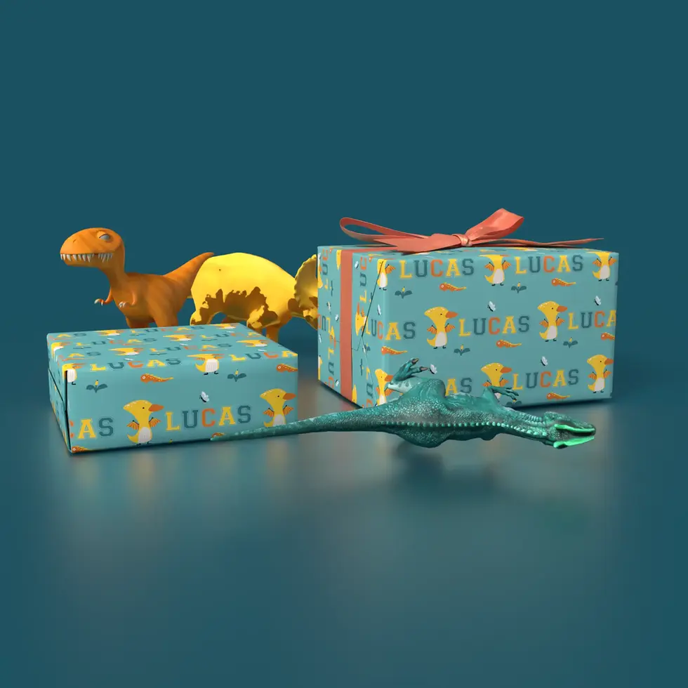 personalized dino joyride wrapping paper for kids