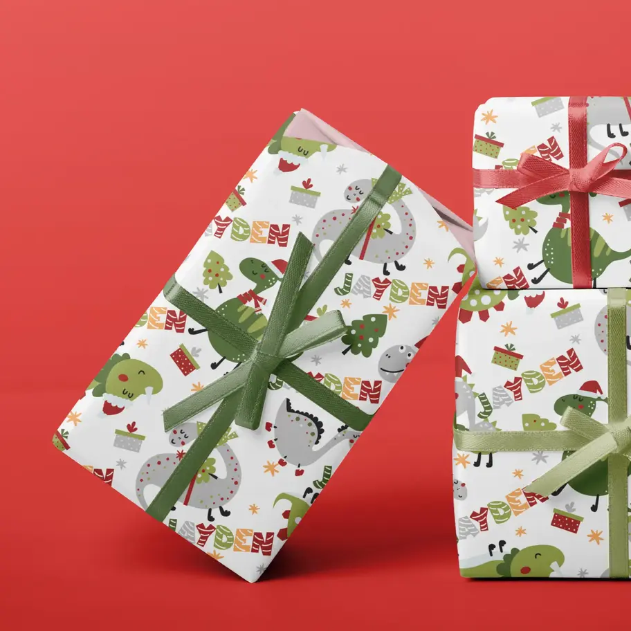 boys christmas wrapping paper dinosaurs personalized