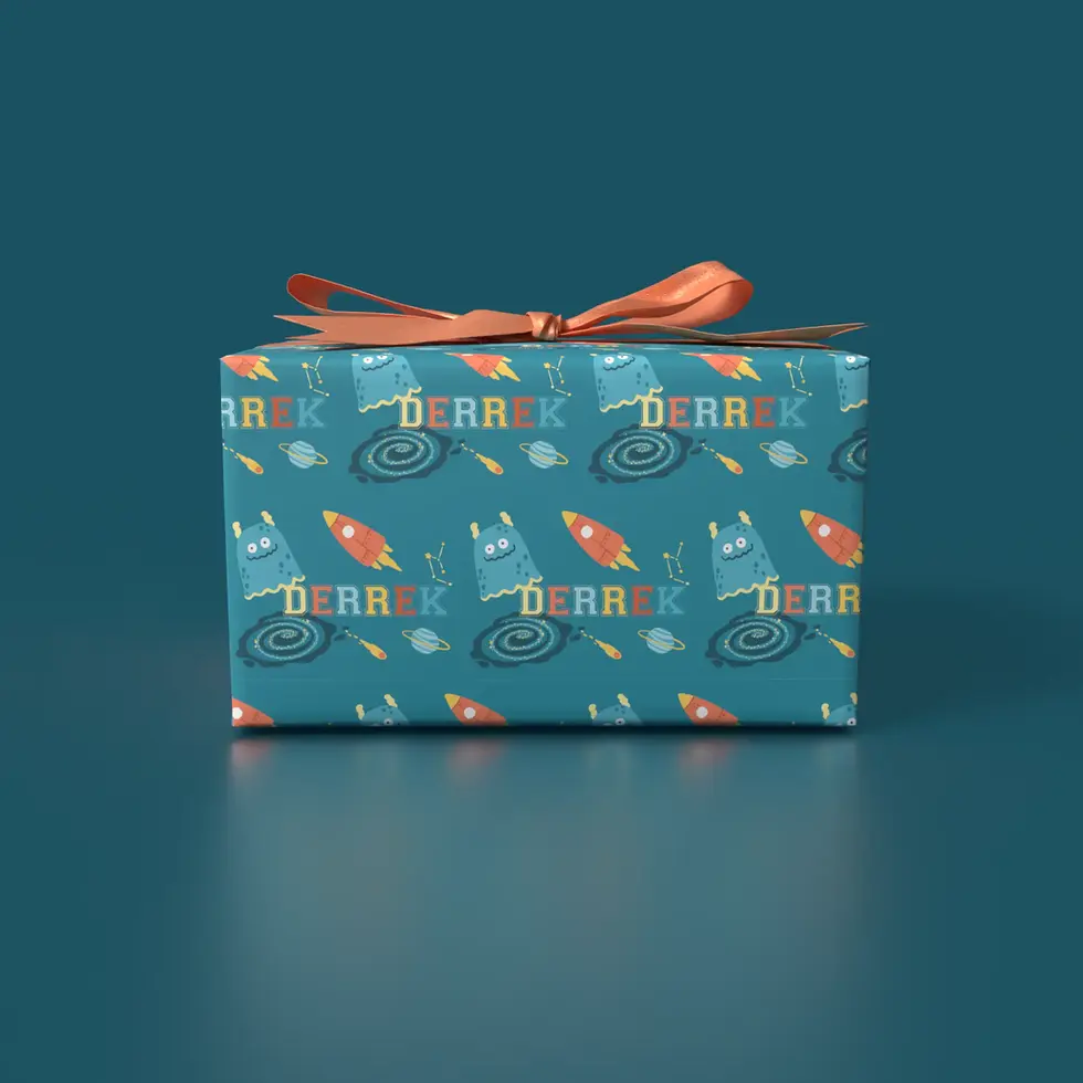 blue space monster birthday gift wrap