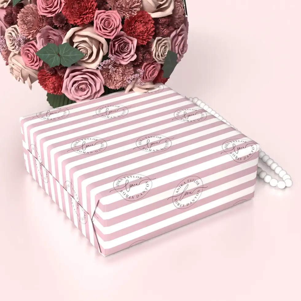 modern romantic gift wrap with blush stripes and names