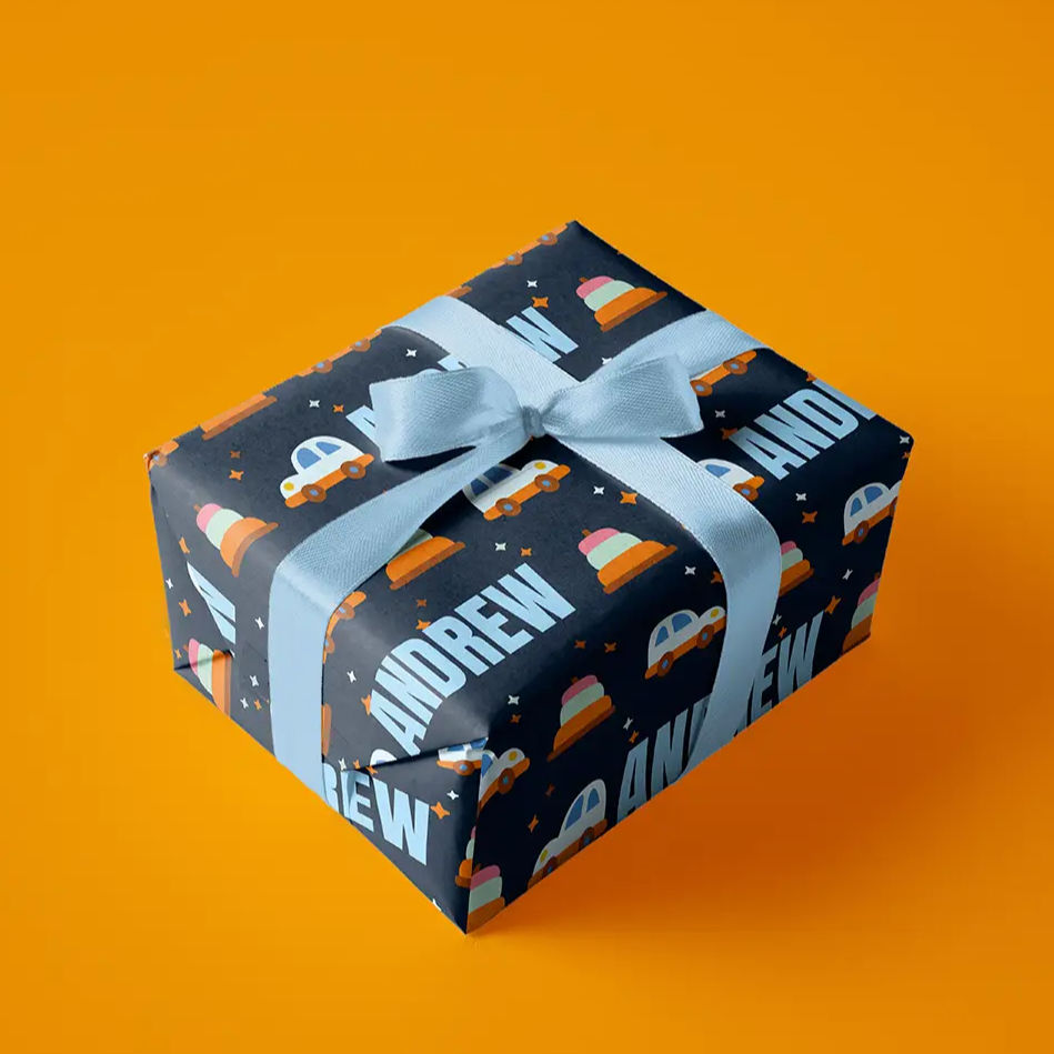 cartoon car and traffic cone wrapping paper