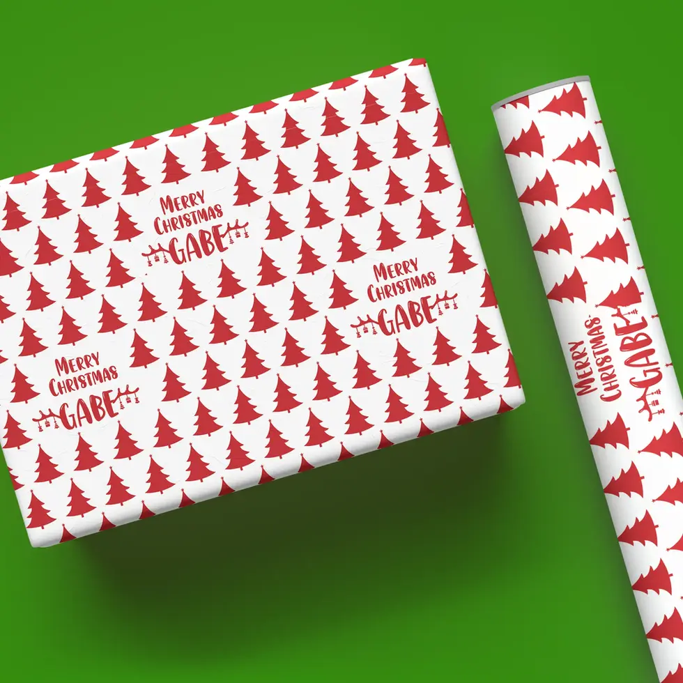 personalized red tree confetti wrapping paper