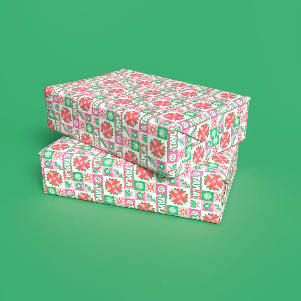 pink and green checkerboard christmas gift wrap