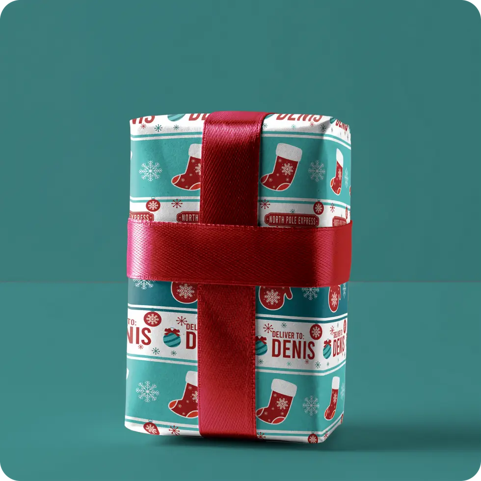 teal red white personalized holiday wrapping paper