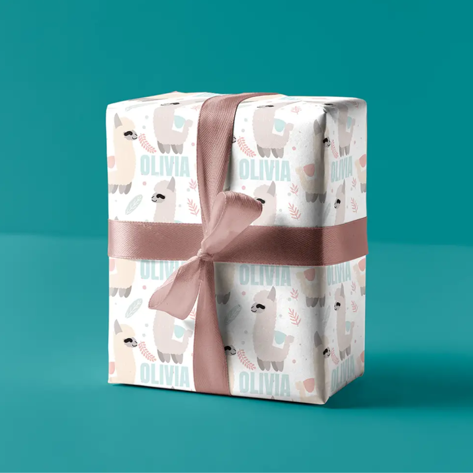 llama love personalized baby girl wrapping paper