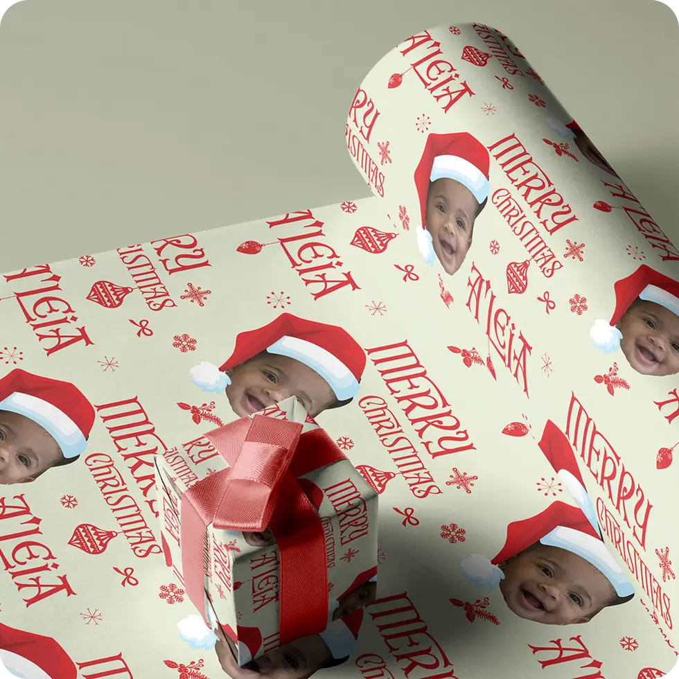 face wrapping paper with santa hat personalized