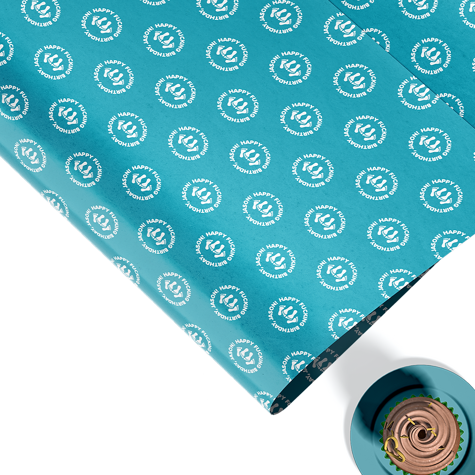 Thumbnail: This hillarious birthday gift wrap for mature audience features a funny illustration of four feet under the blanket encircled