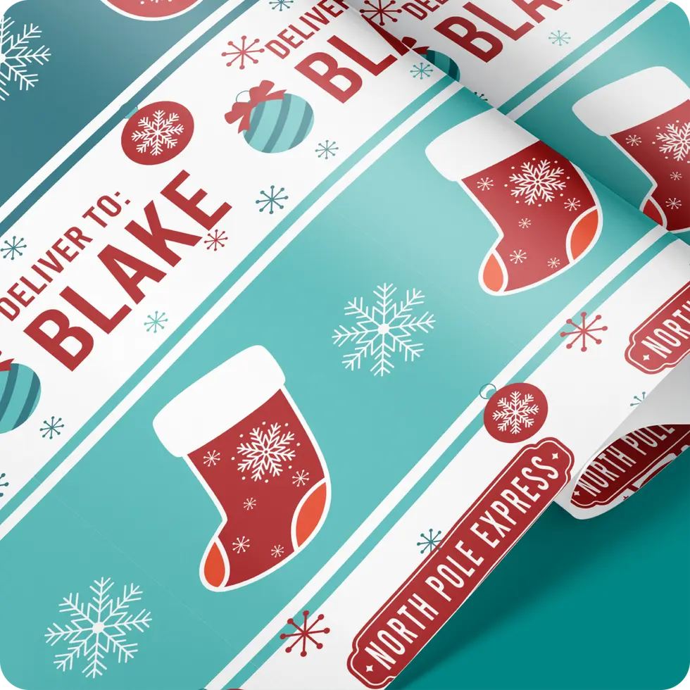 playful holiday wrapping paper with stockings and ornaments