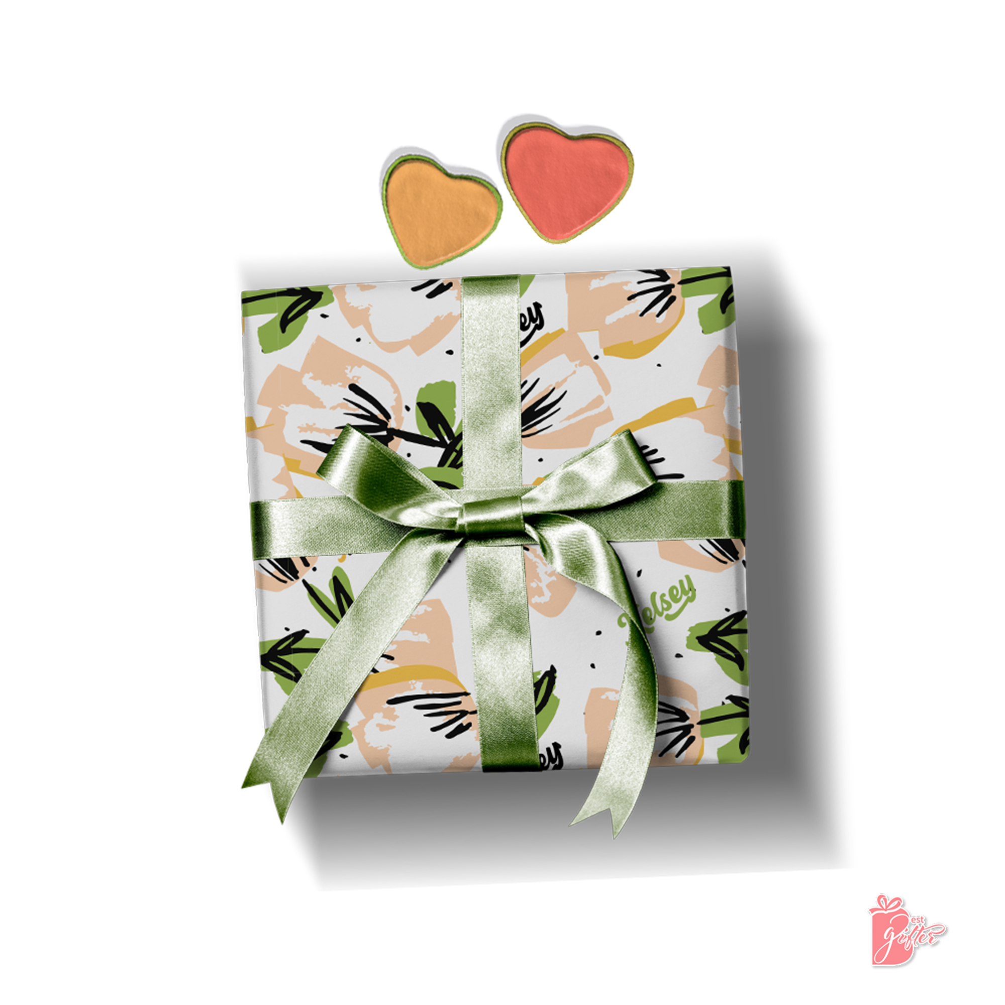 Personalized floral gift wrapping paper featuring peach-colored tulip flower illustrations with bright green leaves, customiz