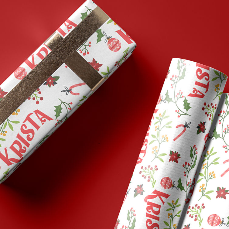 white christmas wrapping paper personalized name