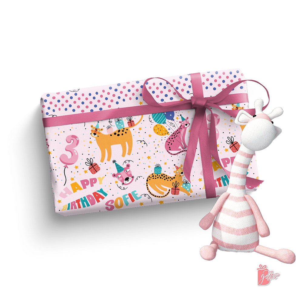 Add a personal touch to this fun jungle-themed gift-wrapping paper with the birthday boy/girl's name and age.