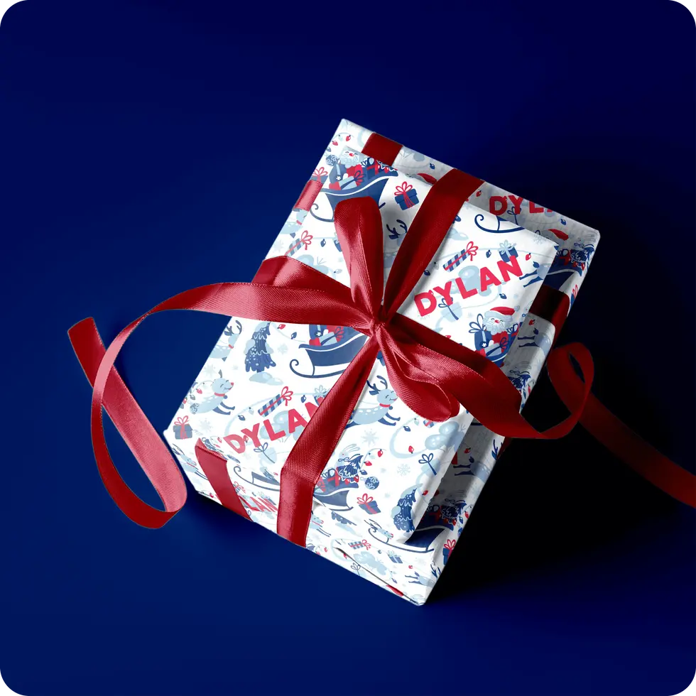 blue santa sleigh holiday wrapping paper with name