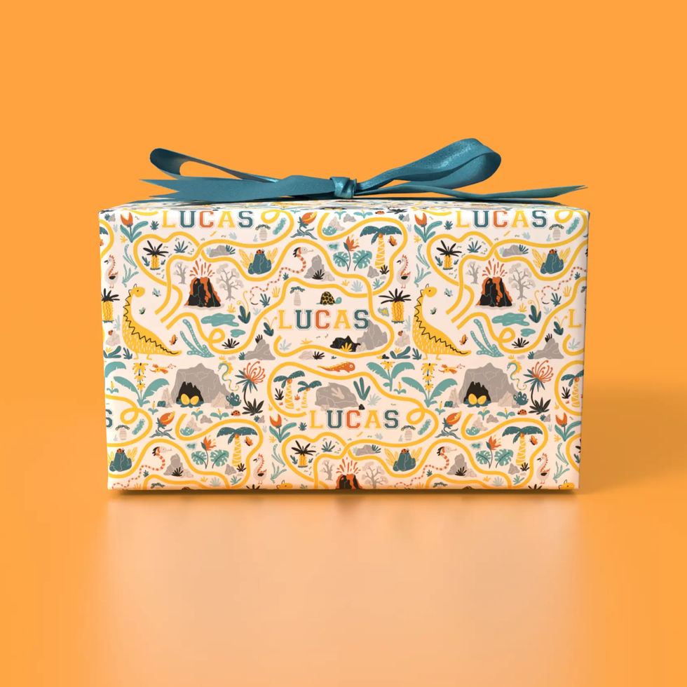 colorful dinosaur and volcano kids birthday wrap