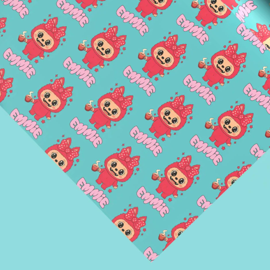 pink LaBubu Doll cartoon character wrapping paper