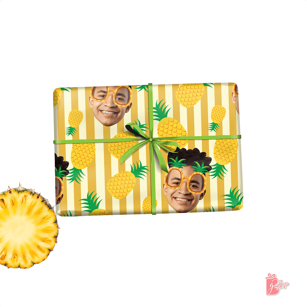 Custom Face Cutout Birthday Gift Wrapwith Pineapple Shaped Glasses and Tropical Background"