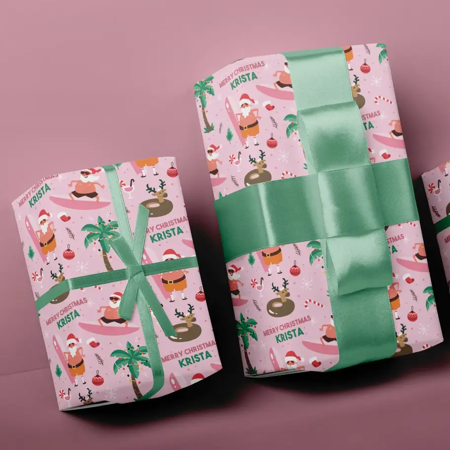 pink palm tree holiday wrapping paper