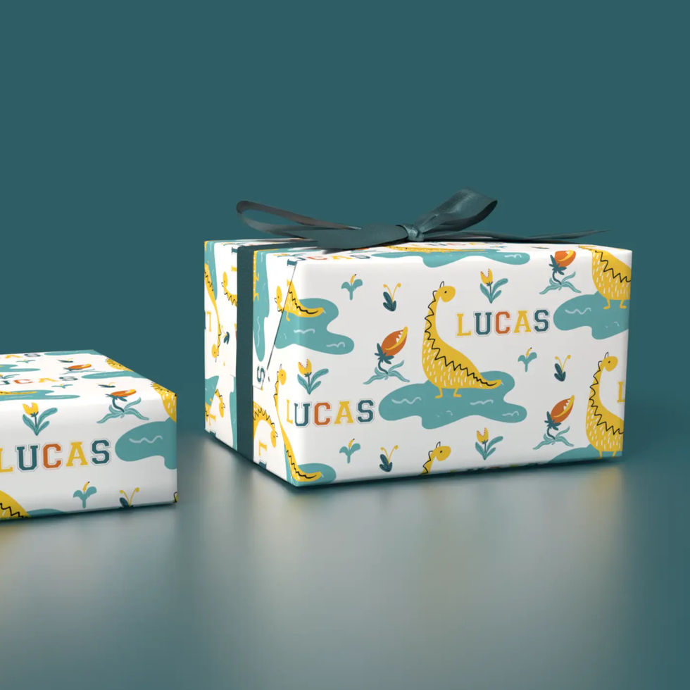 orange and teal dino theme wrapping paper