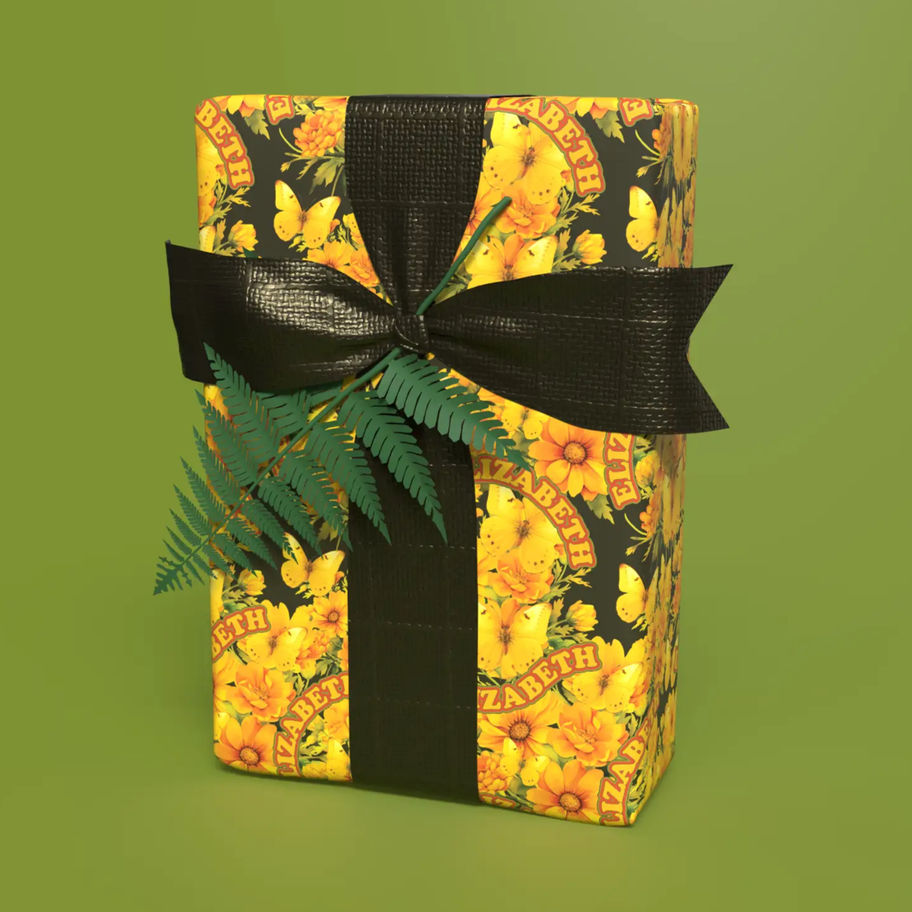 black background butterfly and marigold wrapping paper
