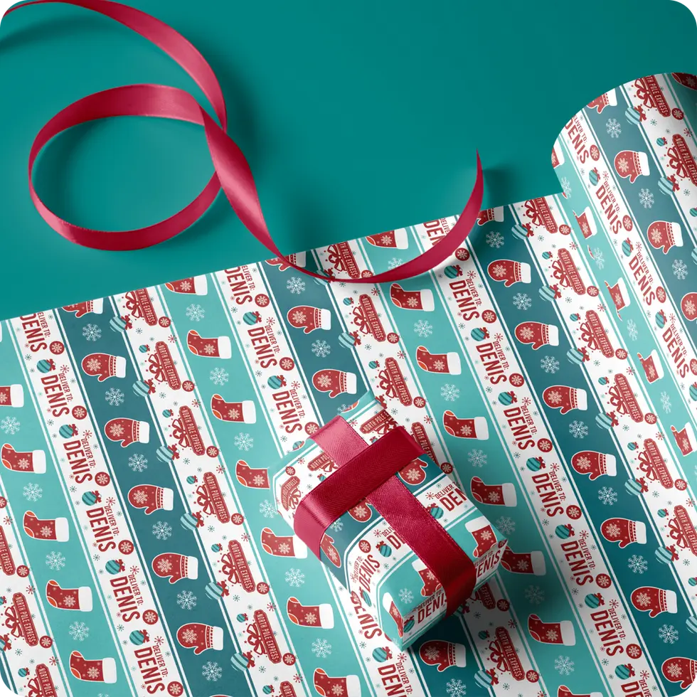 custom christmas gift wrap with stockings and mittens