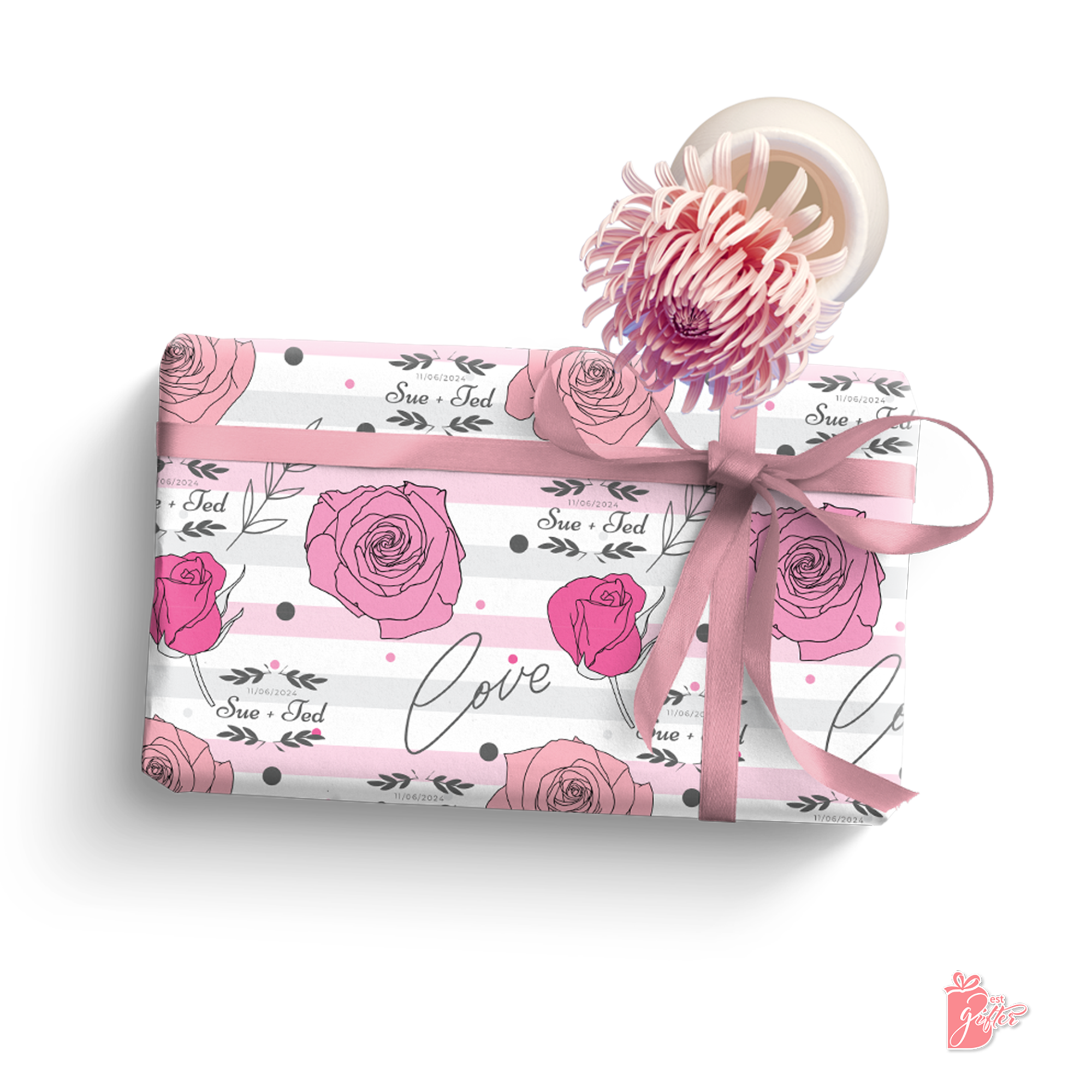 This Best Gifter's custom gift wrap featuring a striped background with beautiful rose flower illustrations surrounded by dar